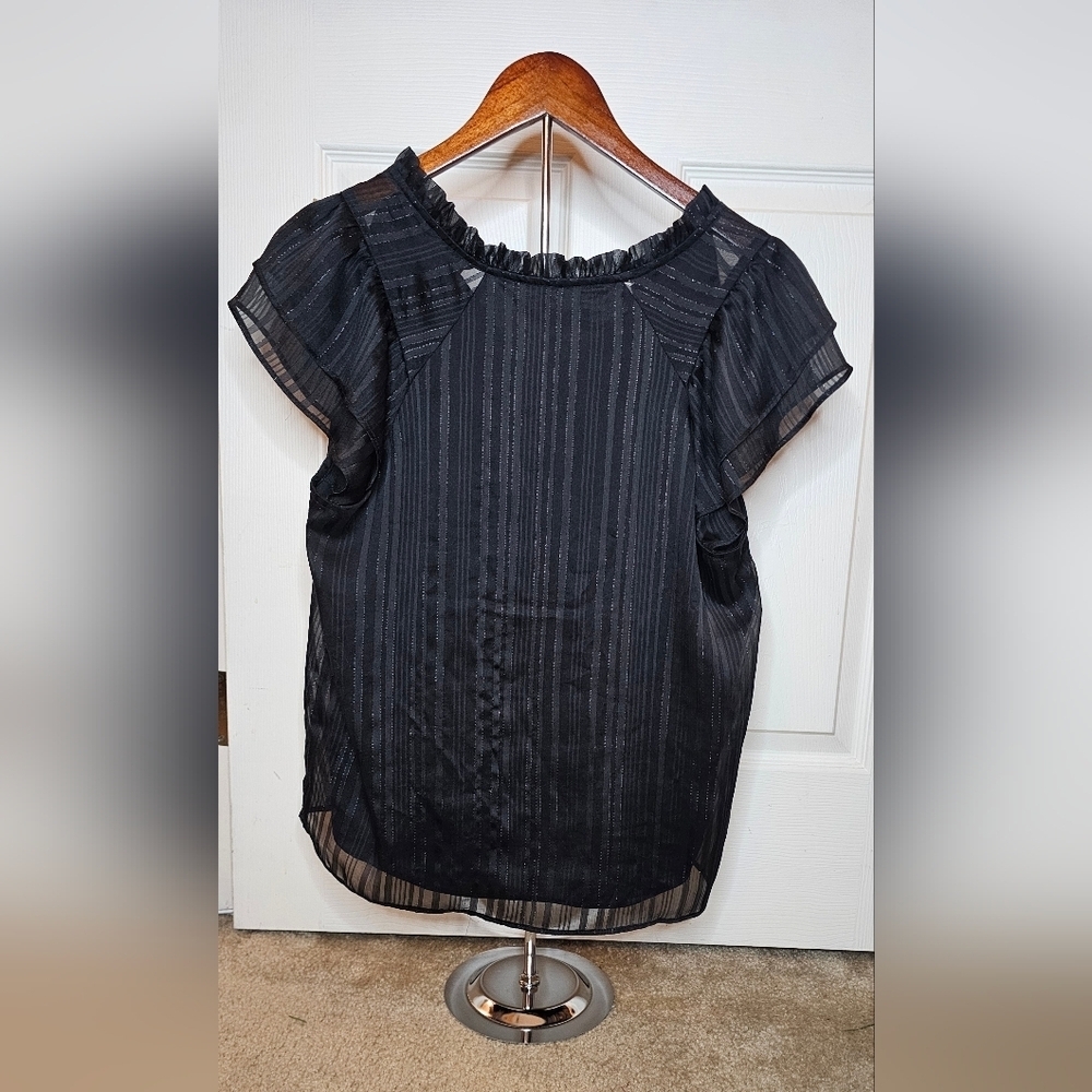 Banana Republic Black Sheer Metallic Stripe Ruffle Sleeve Blouse - Size Medium - Picture 2 of 5